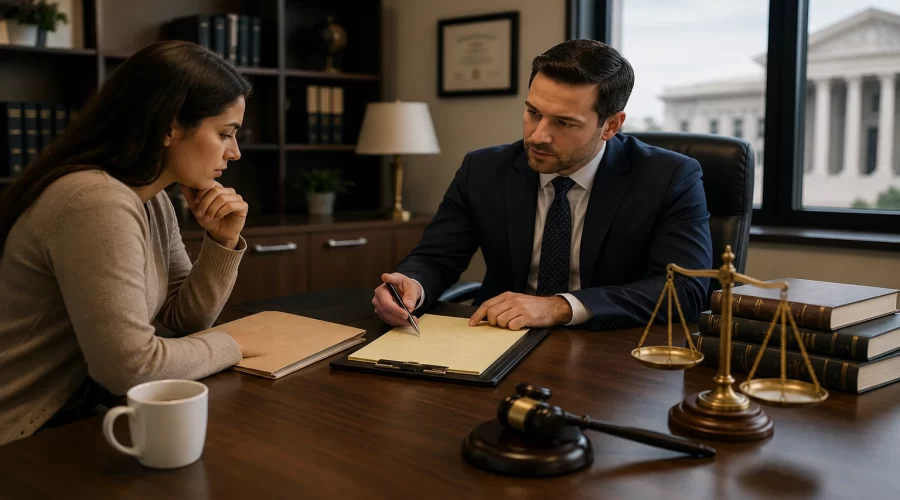 Attorney and client reviewing a criminal case file during a legal consultation while discussing whether pressing criminal charges is the right decision.