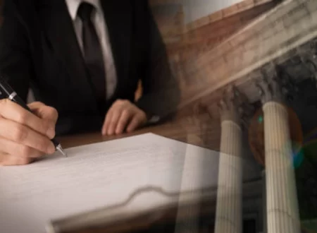 Gavel and medical mesh implant beside courtroom documents representing a hernia mesh lawsuit