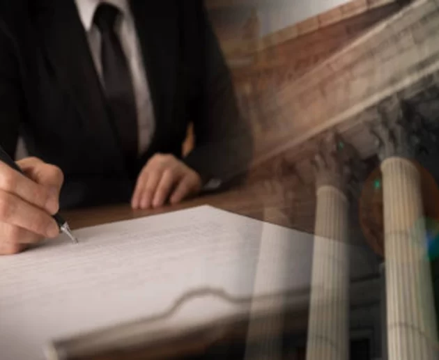 Gavel and medical mesh implant beside courtroom documents representing a hernia mesh lawsuit