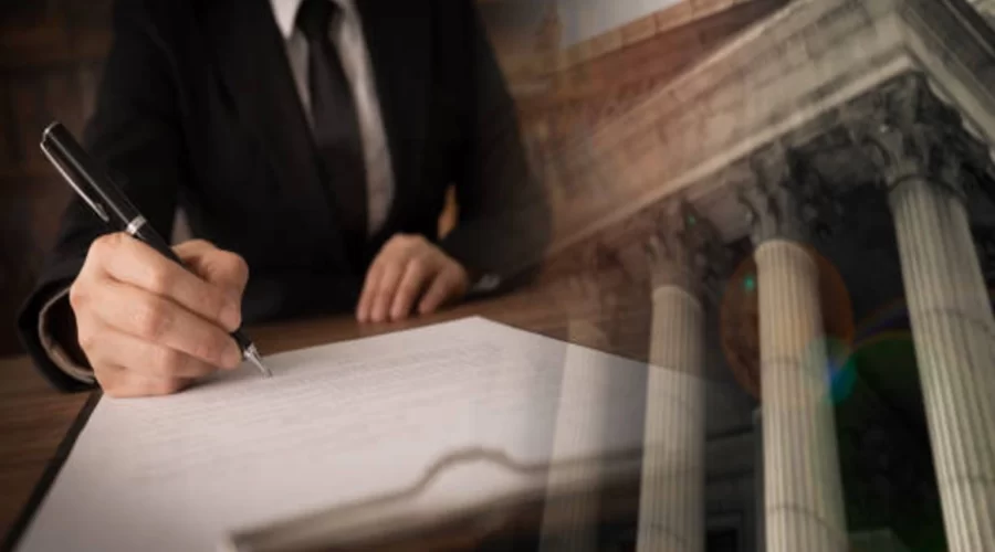 Gavel and medical mesh implant beside courtroom documents representing a hernia mesh lawsuit