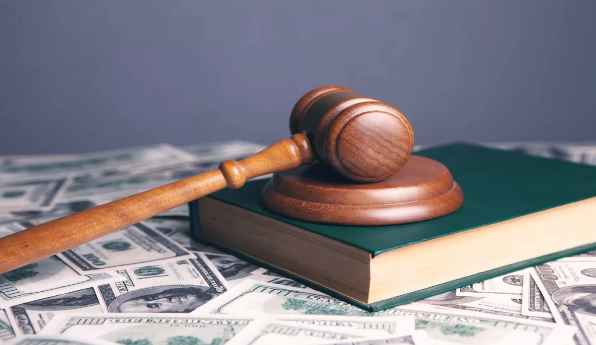 Prenatal vitamin bottle beside a gavel and court documents