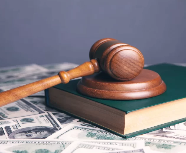 Prenatal vitamin bottle beside a gavel and court documents